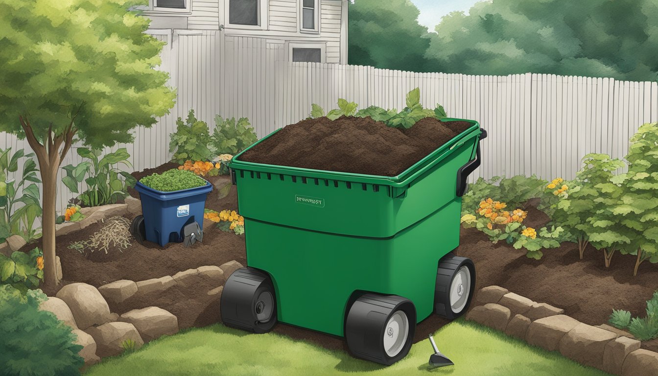 A backyard in Waterbury, CT with a compost bin, garden tools, and a variety of organic waste being added to the compost pile