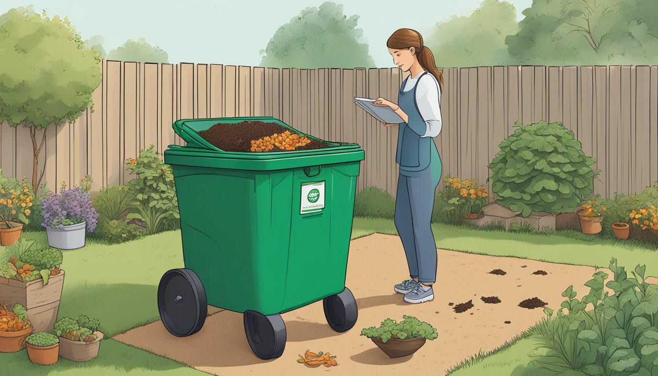 A person adding food scraps to a compost bin in a backyard garden, with a guidebook on composting open nearby