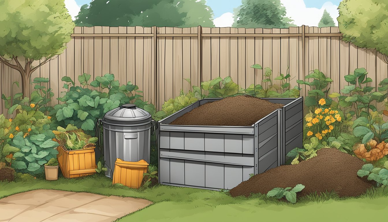 A backyard compost bin surrounded by a variety of organic waste materials, with a small garden nearby in Washington, DC