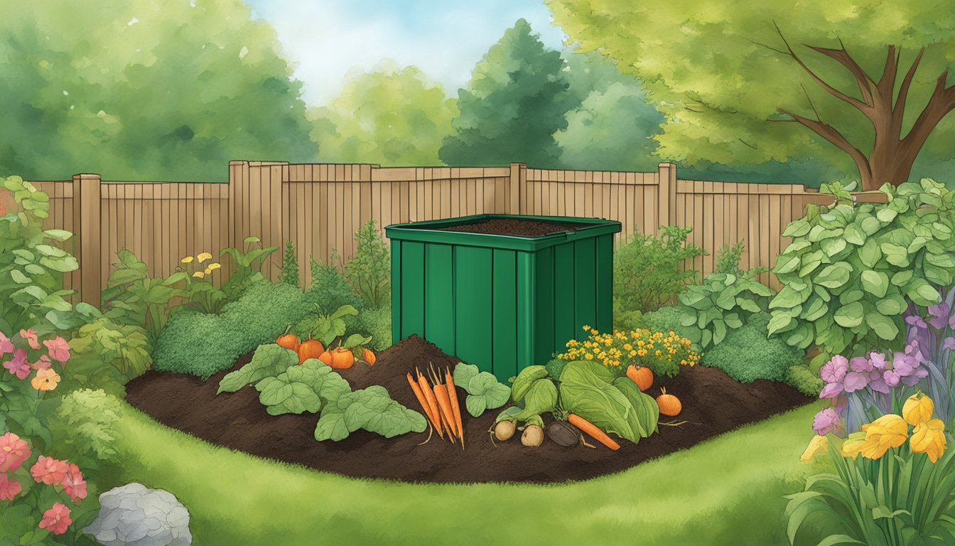 A backyard compost bin in Waterbury, CT with a mix of food scraps and yard waste, surrounded by a lush garden