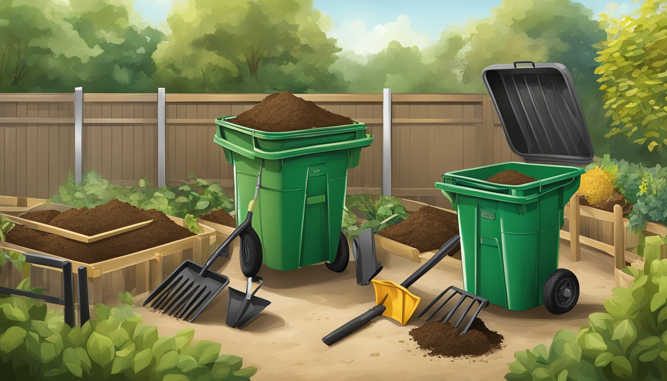 A collection of composting bins and tools arranged in a garden setting, with various items such as a pitchfork, shovel, and bins for organic waste