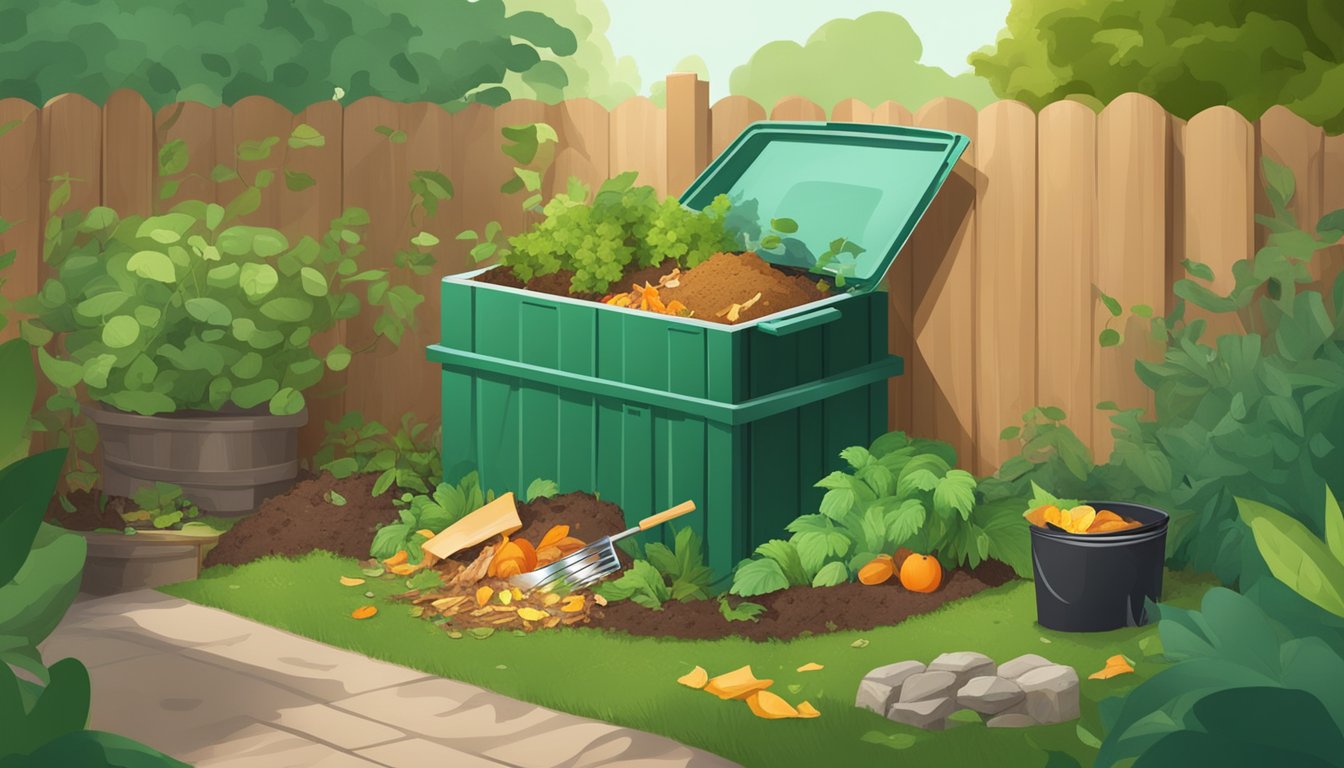 A backyard compost bin surrounded by greenery and filled with a mixture of food scraps and yard waste. A shovel and pitchfork are nearby