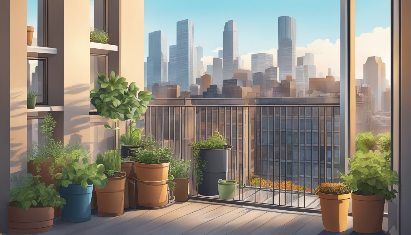 A small urban balcony with compost bin, potted plants, and city skyline in the background