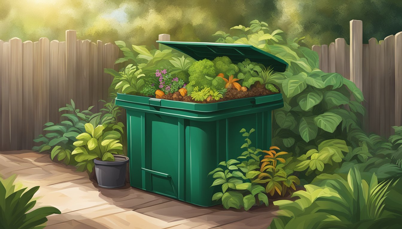 A backyard compost bin nestled among lush green plants under the warm Florida sun