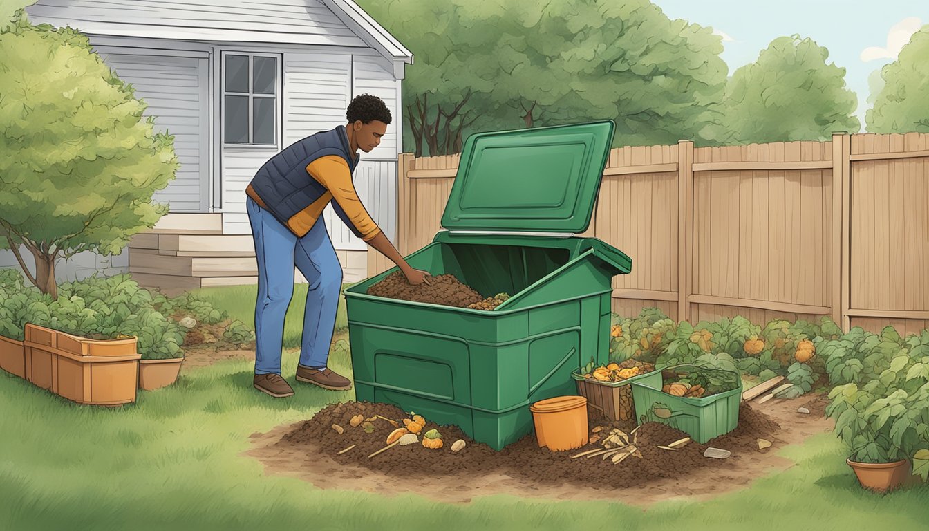 A person placing food scraps and yard waste into a compost bin in a backyard garden in Washington, DC