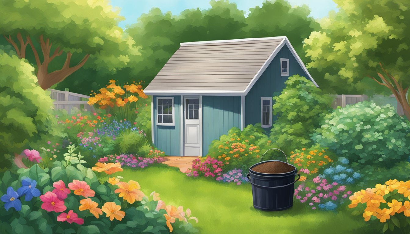 A sunny backyard with a compost bin, surrounded by lush green plants and colorful flowers in Clearwater, FL