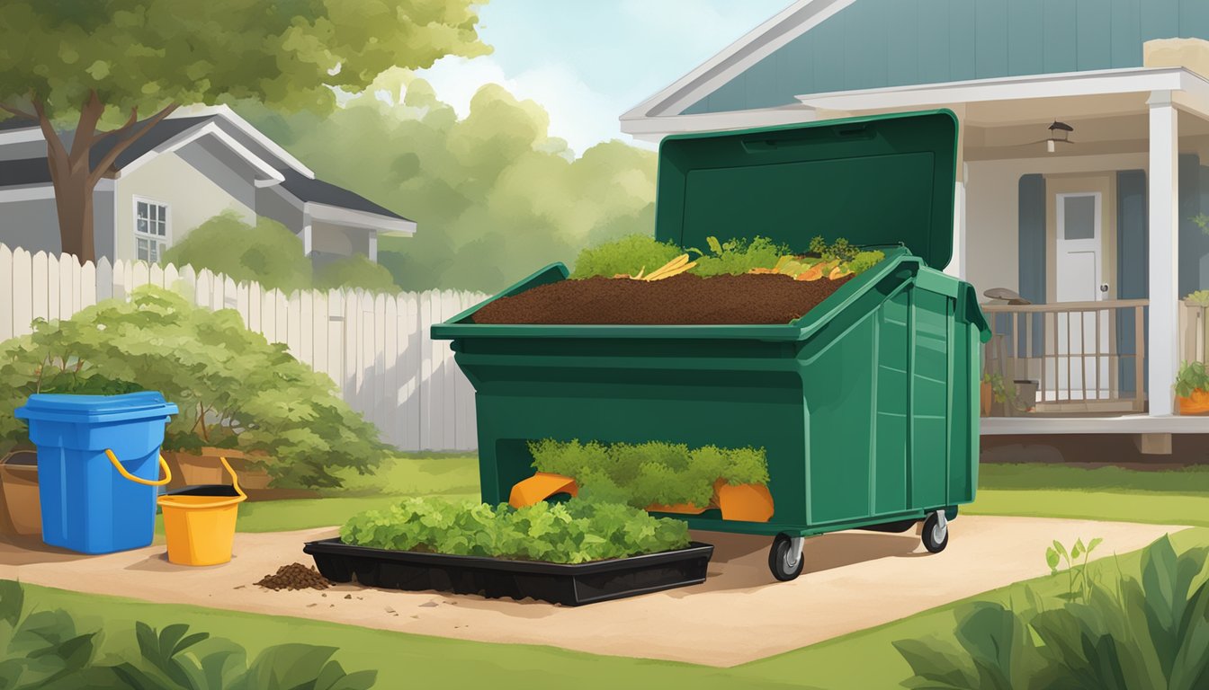 A backyard composting setup with a bin, kitchen scraps, yard waste, and a shovel in a sunny Clearwater, FL yard