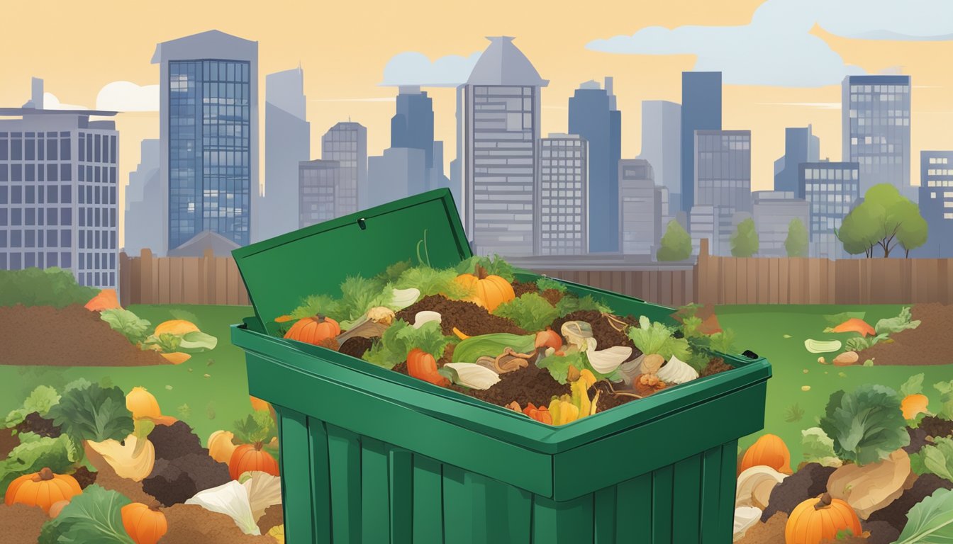 A backyard compost bin surrounded by a variety of food scraps and yard waste, with a city skyline in the background