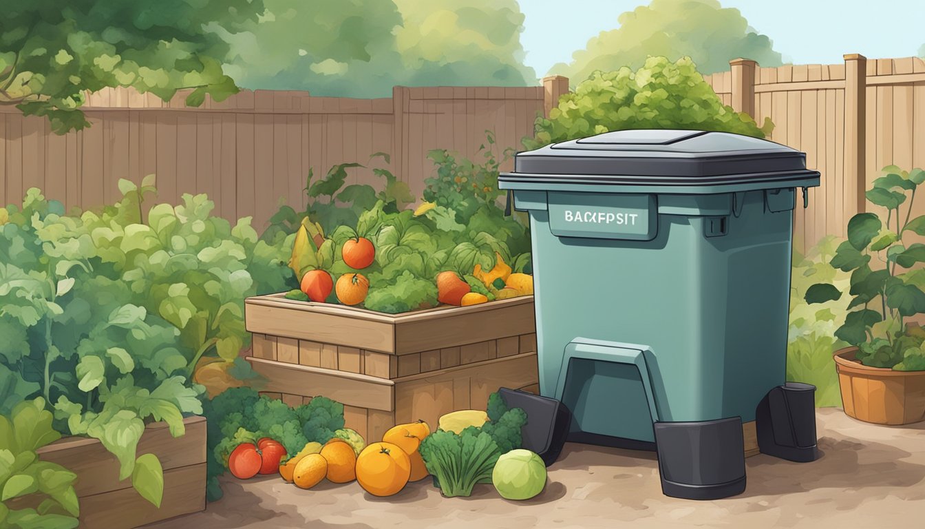 A backyard compost bin sits next to a garden with various fruits and vegetables growing. A person is adding food scraps to the compost bin