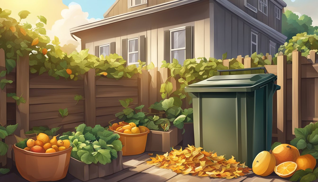 A sunny backyard with a compost bin surrounded by various organic waste materials such as fruit peels, vegetable scraps, and dried leaves