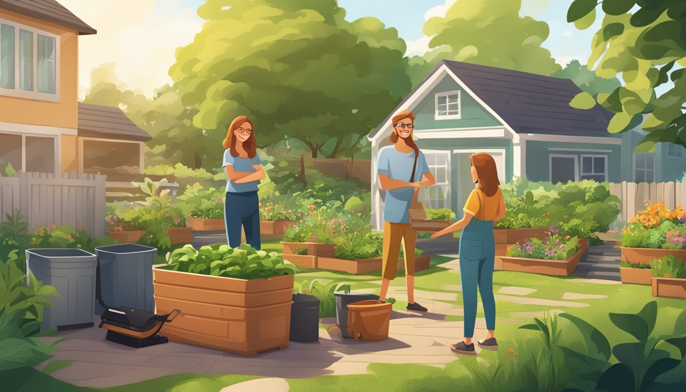 A sunny backyard with a compost bin surrounded by lush green plants and a variety of compostable materials, with a smiling family in the background