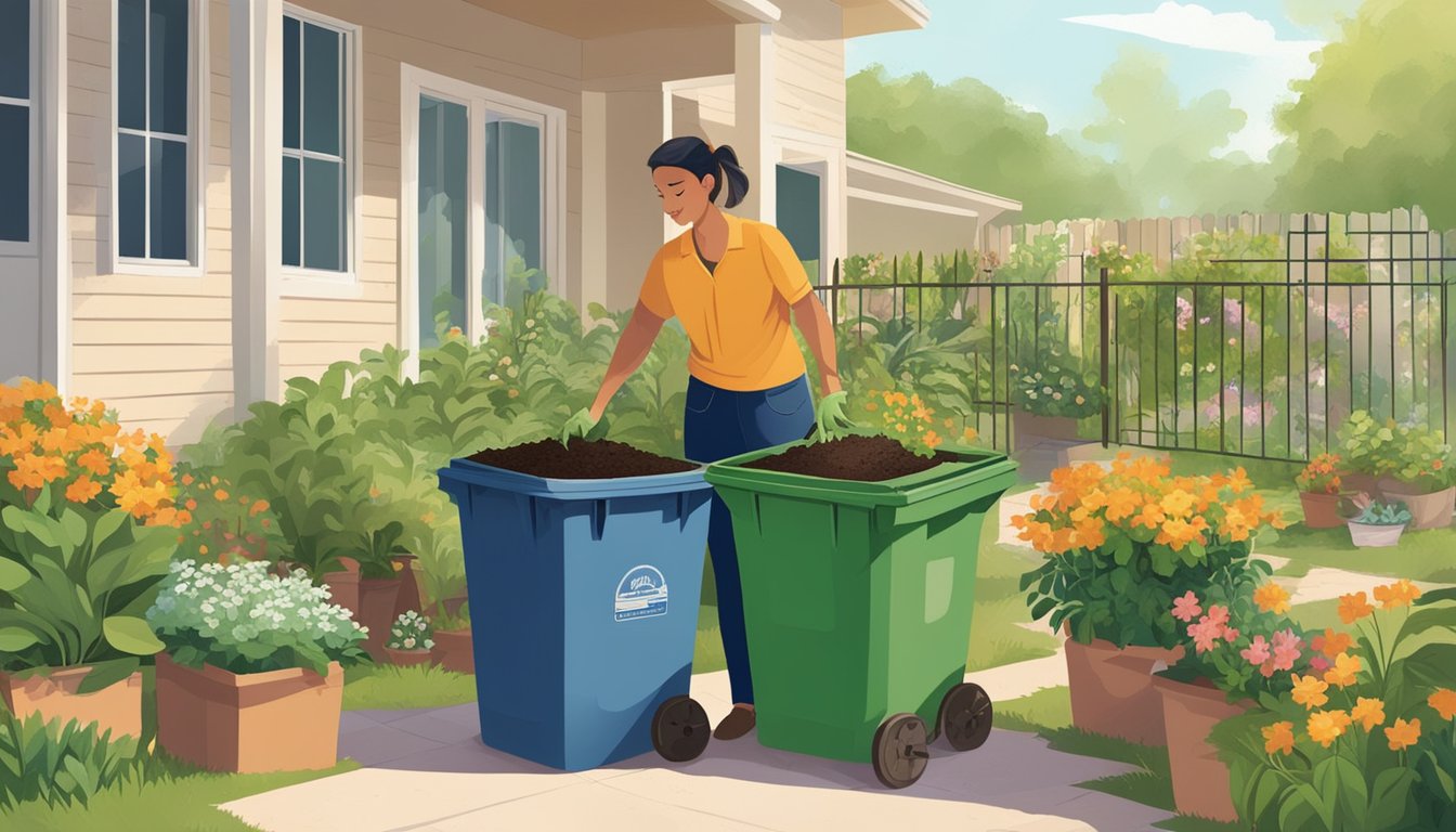 A sunny backyard with a compost bin surrounded by green plants and flowers in Cape Coral, FL. A person is adding food scraps to the bin