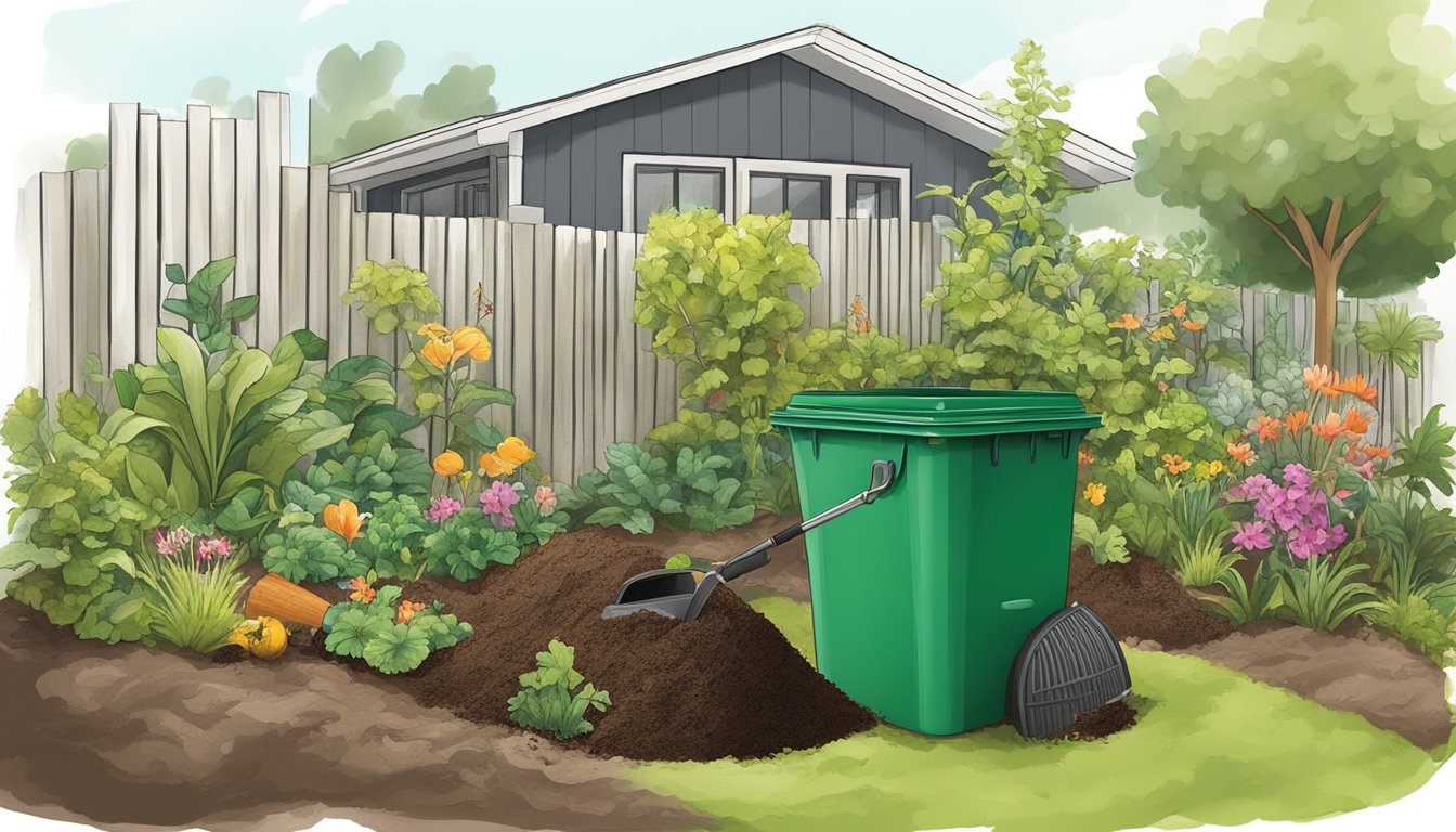 A lush garden in Clearwater, FL with a compost bin, gardening tools, and a variety of organic waste being turned into nutrient-rich soil