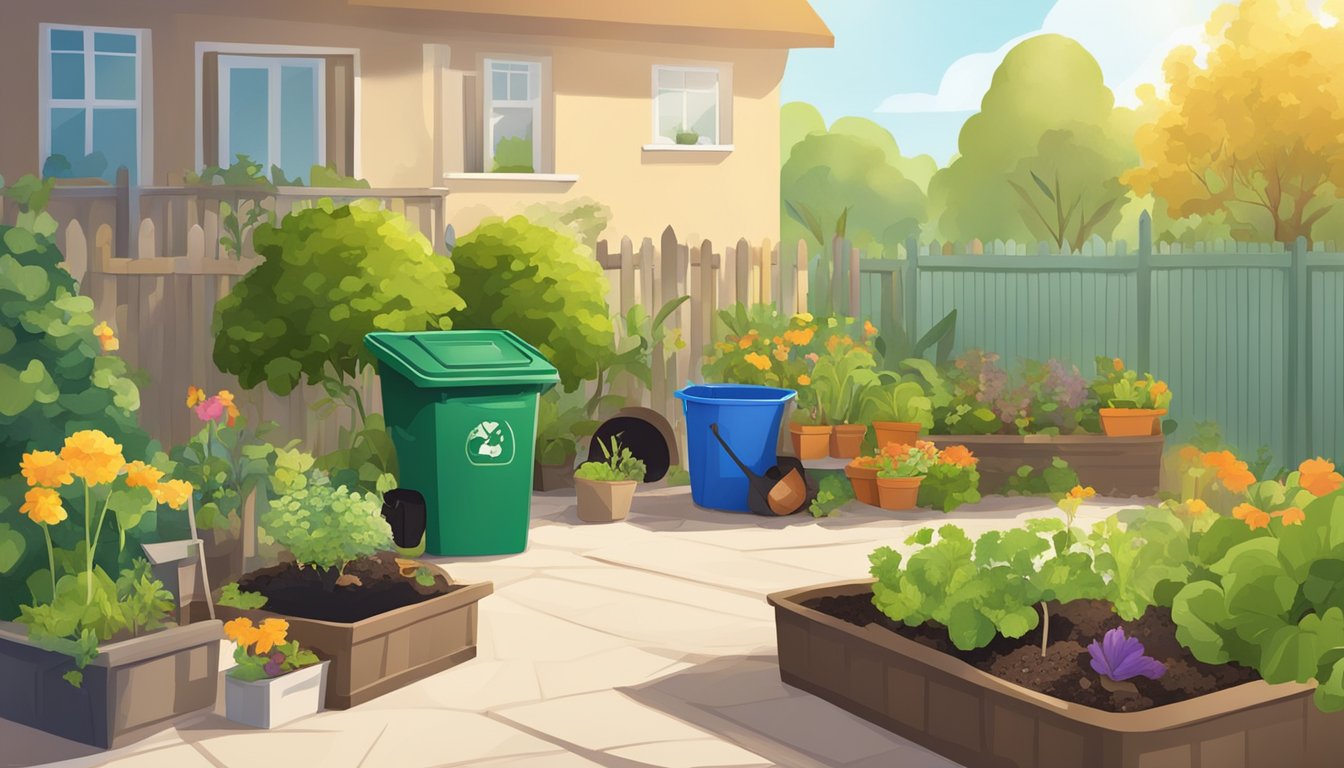 A sunny backyard with a compost bin, shovel, and various organic waste materials. A small garden nearby shows healthy, thriving plants