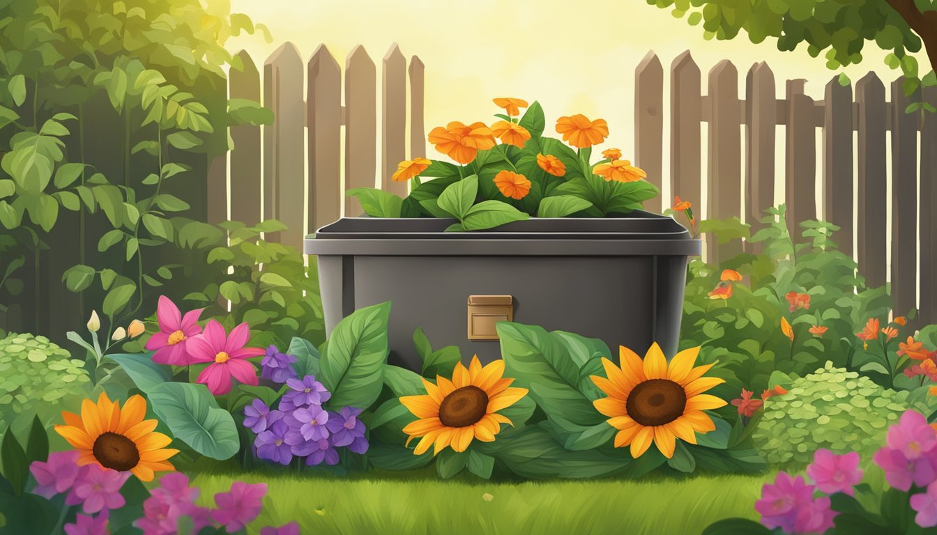 A backyard compost bin surrounded by lush greenery and colorful flowers in Cape Coral, FL. The sun is shining, and a variety of organic waste is being added to the bin