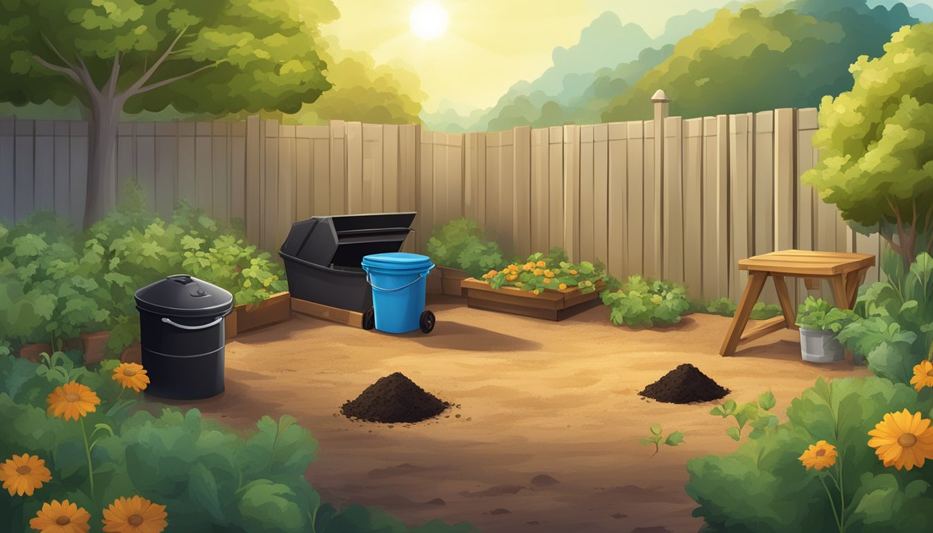 A sunny backyard with a designated area for composting, featuring a pile of organic waste, a compost bin, and a small shovel