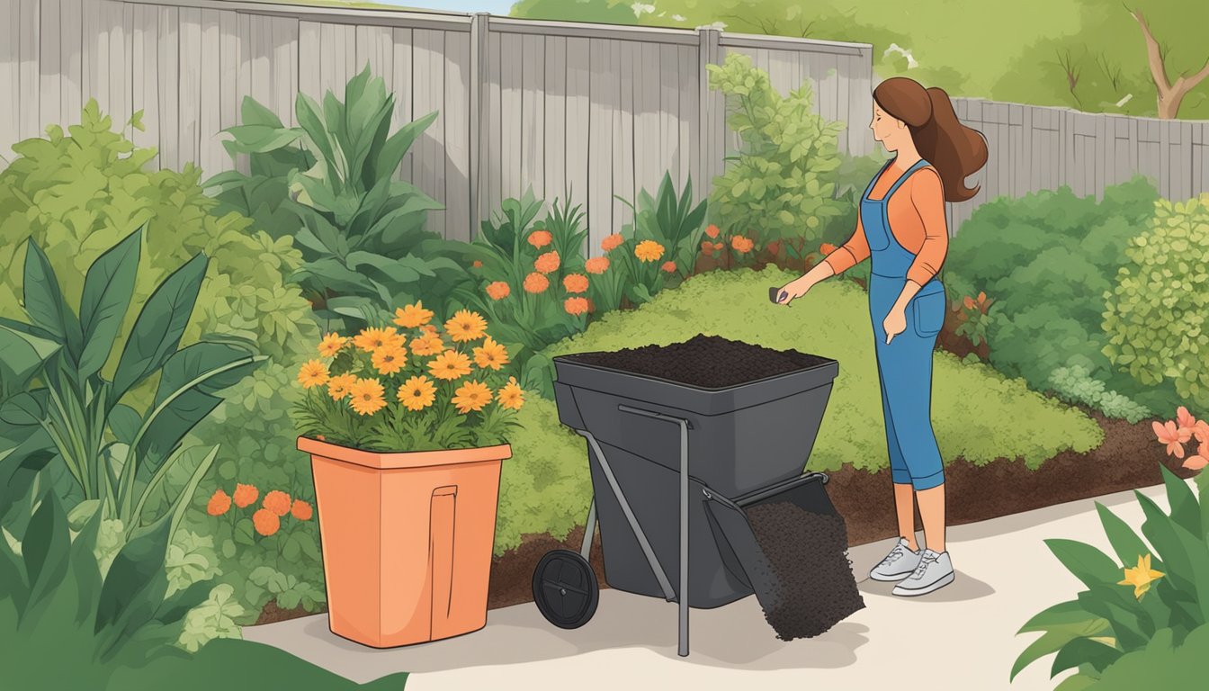 A sunny backyard with a compost bin surrounded by lush green plants and flowers in Coral Springs, FL. A person is seen adding kitchen scraps to the compost pile