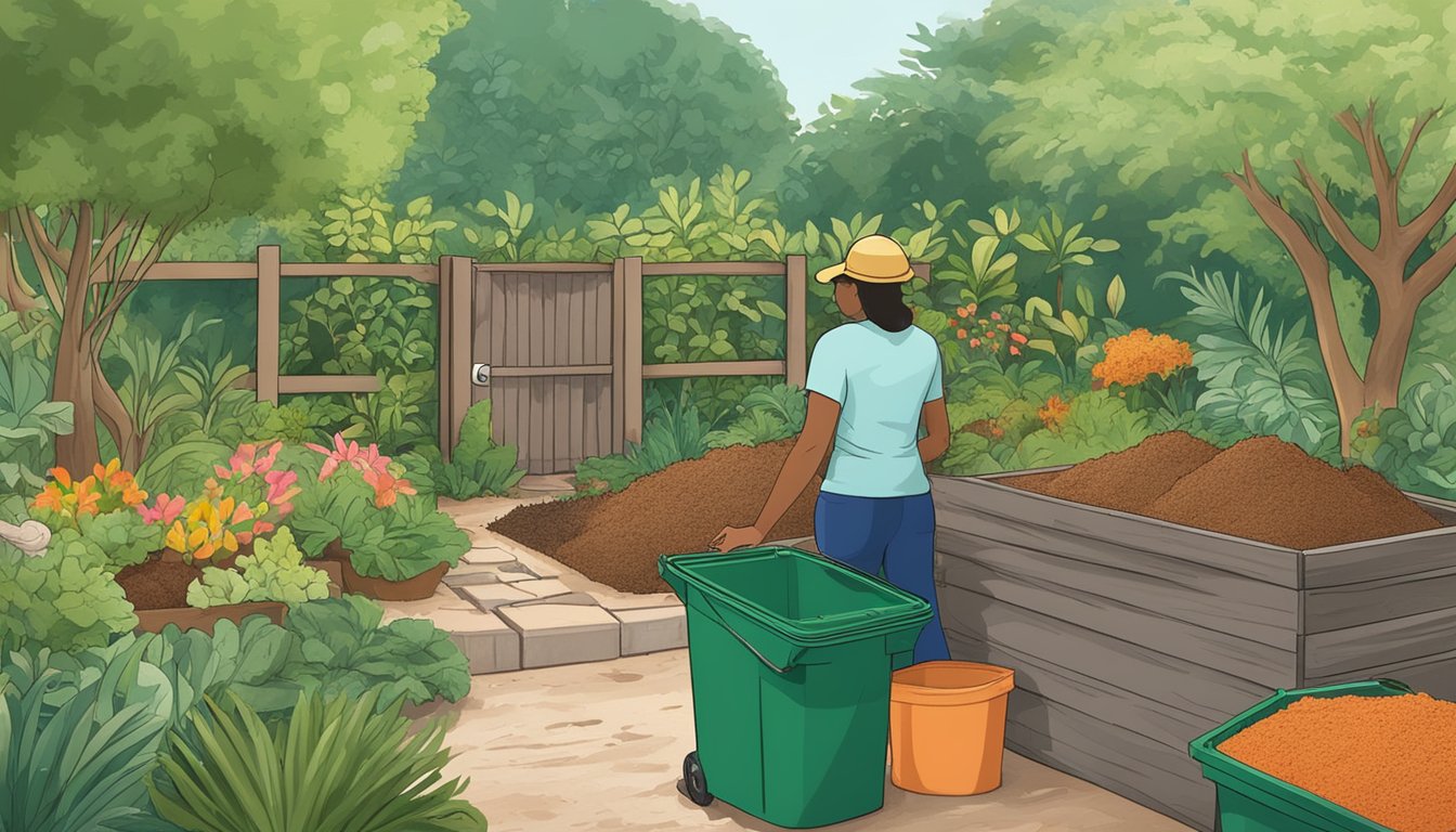 A lush garden in Coral Springs, FL with compost bins, a variety of organic materials, and a person actively turning and tending to the compost pile