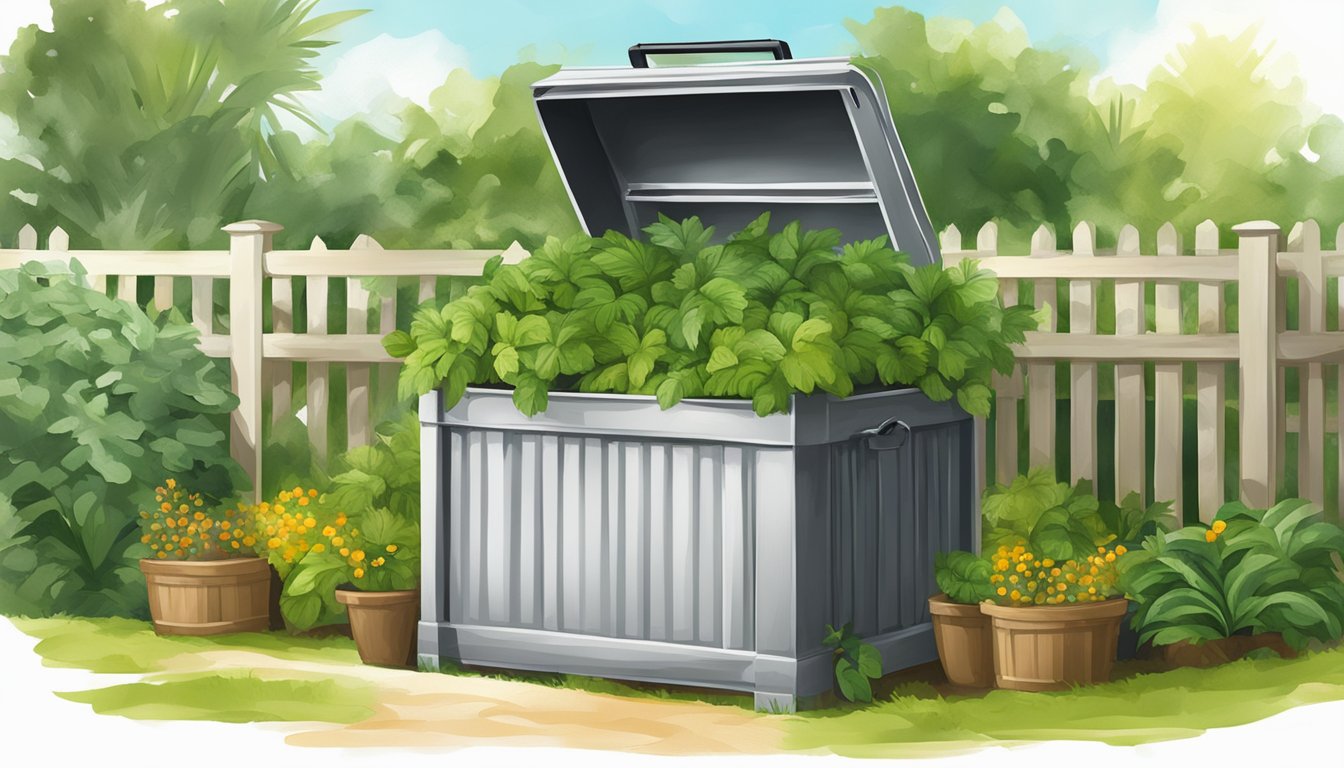 A backyard compost bin surrounded by greenery and sunshine in Fort Lauderdale, FL