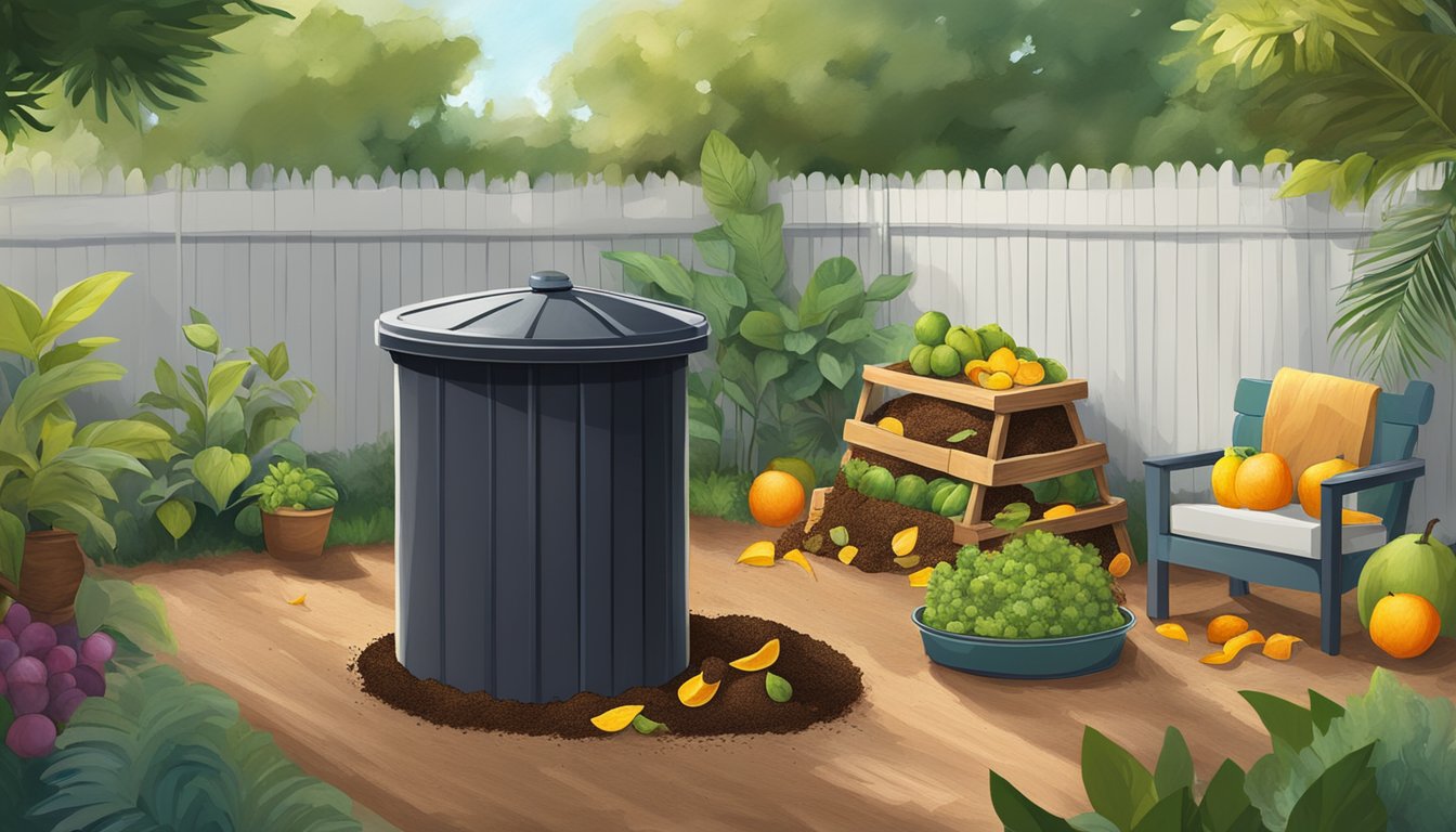 A backyard in Davie, FL with a compost bin surrounded by a variety of organic materials such as fruit peels, coffee grounds, and yard clippings