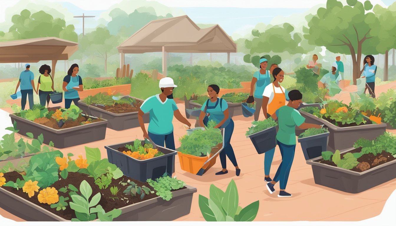 A group of people in Coral Springs, FL, are working together to compost organic materials in a community garden. They are surrounded by bins, shovels, and greenery