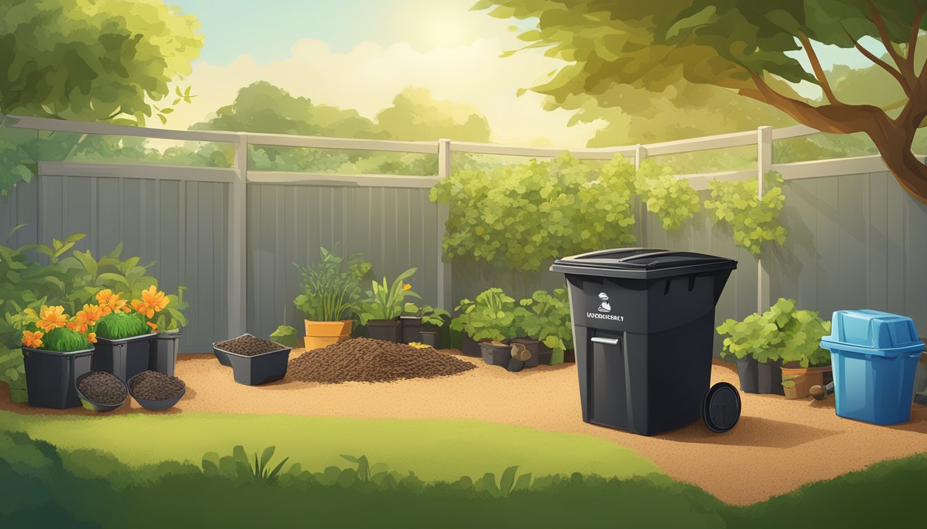 A backyard in Davie, FL with a compost bin, shovel, and various organic waste materials arranged for composting. Sunshine and greenery in the background