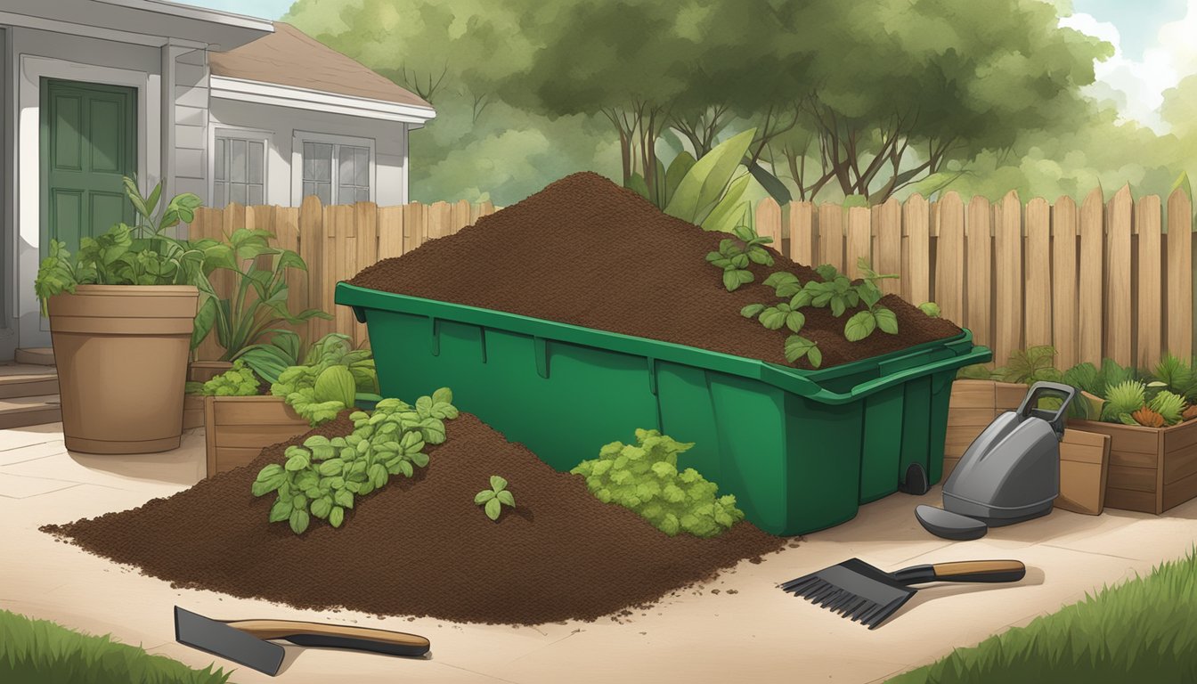 A pile of green and brown organic materials arranged in layers, surrounded by a compost bin and gardening tools in a backyard in Fort Lauderdale, FL