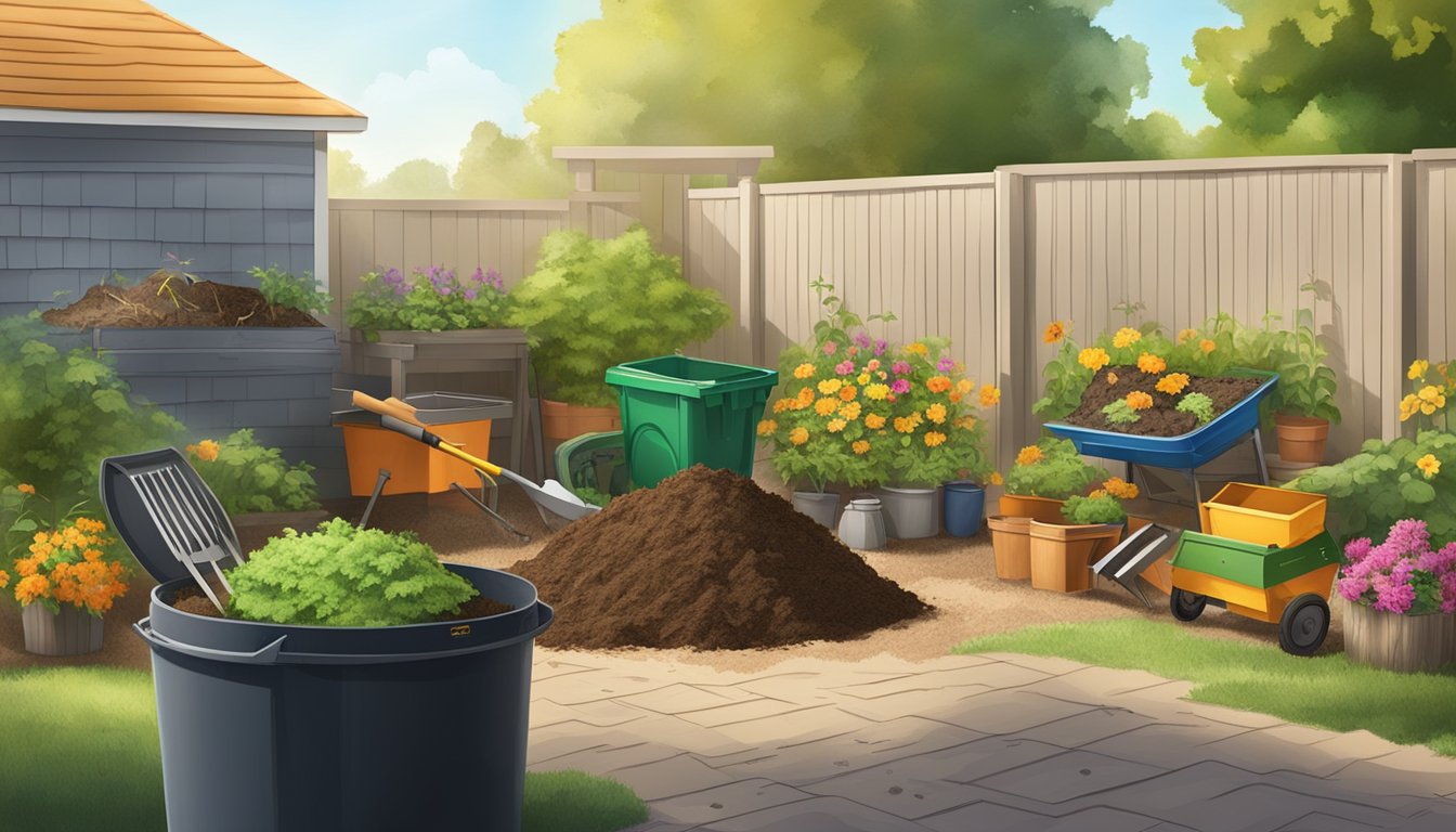 A sunny backyard with a compost bin, gardening tools, and a variety of organic waste materials being added to the compost pile