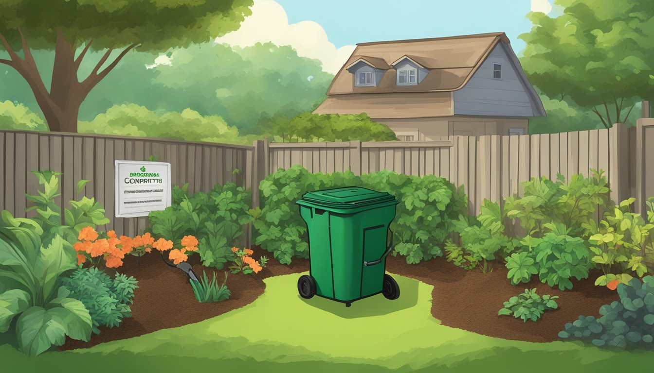 A backyard compost bin surrounded by greenery and a small sign indicating "Composting Policies and Regulations in Coral Springs."