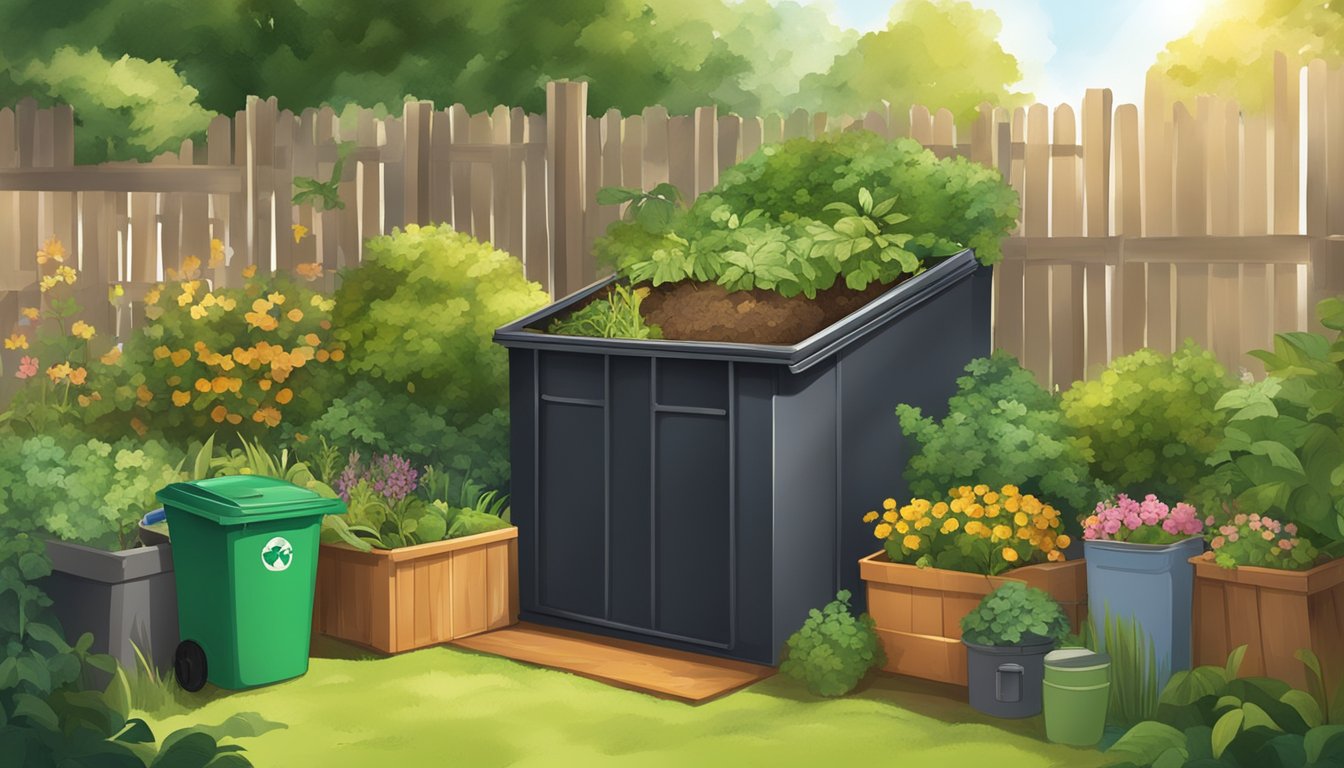 A sunny backyard with a compost bin surrounded by lush green plants and a variety of organic waste materials being added to the bin