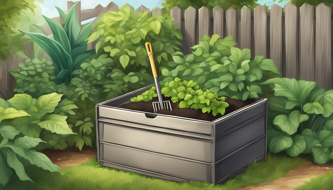 A backyard compost bin surrounded by lush green plants and a small shovel in Davie, FL