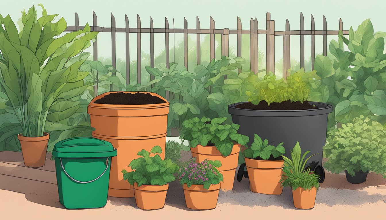 A lush backyard garden in Coral Springs, FL, with a compost bin, various plant waste, and a composting guide book open on a table