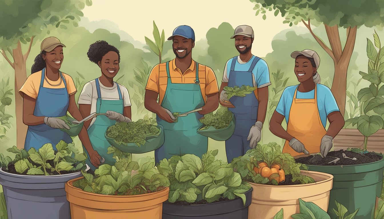 A diverse group of people in Davie, FL work together to compost in a community garden, following legal guidelines and environmental considerations