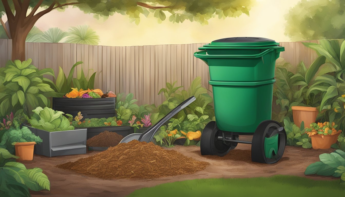 A lush backyard garden in Fort Lauderdale, Florida, with a compost bin, shovel, and various organic waste materials being added to the compost pile