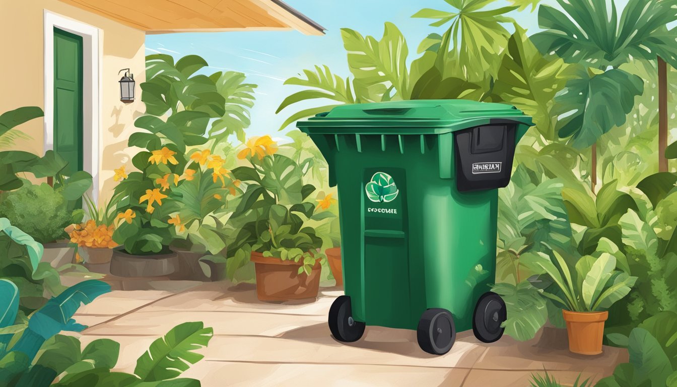 A sunny backyard with a compost bin surrounded by lush, tropical plants in Fort Lauderdale, FL. The bin is filled with organic waste and being tended to by a gardener