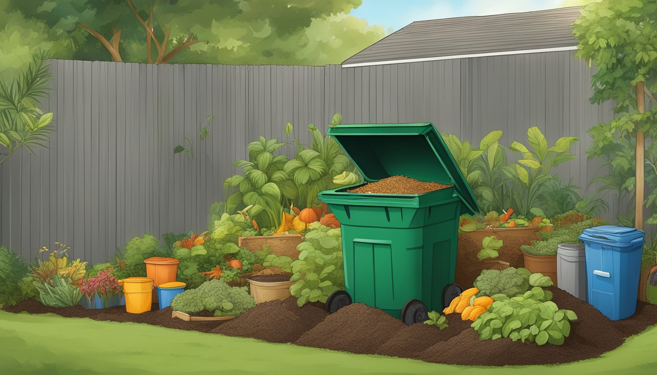 A backyard compost bin surrounded by greenery and filled with food scraps and yard waste in Fort Lauderdale, FL