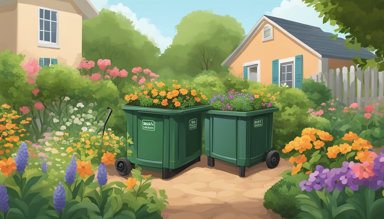 A lush garden with a compost bin, surrounded by trees and flowers in Gainesville, FL. The bin is filled with organic waste and being tended to by a gardener