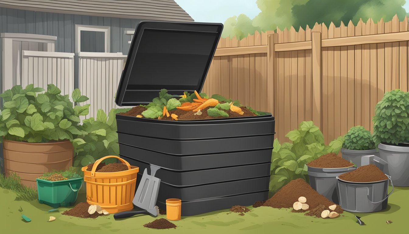 A backyard compost bin with a mix of food scraps, yard waste, and soil, surrounded by gardening tools and a small pile of finished compost