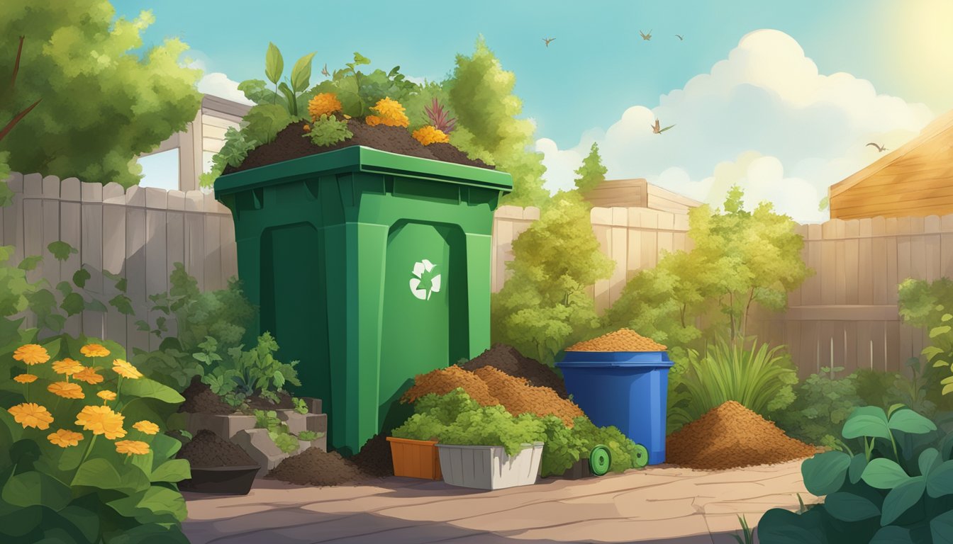 A sunny backyard with a compost bin surrounded by green plants and a variety of organic waste being added to the pile