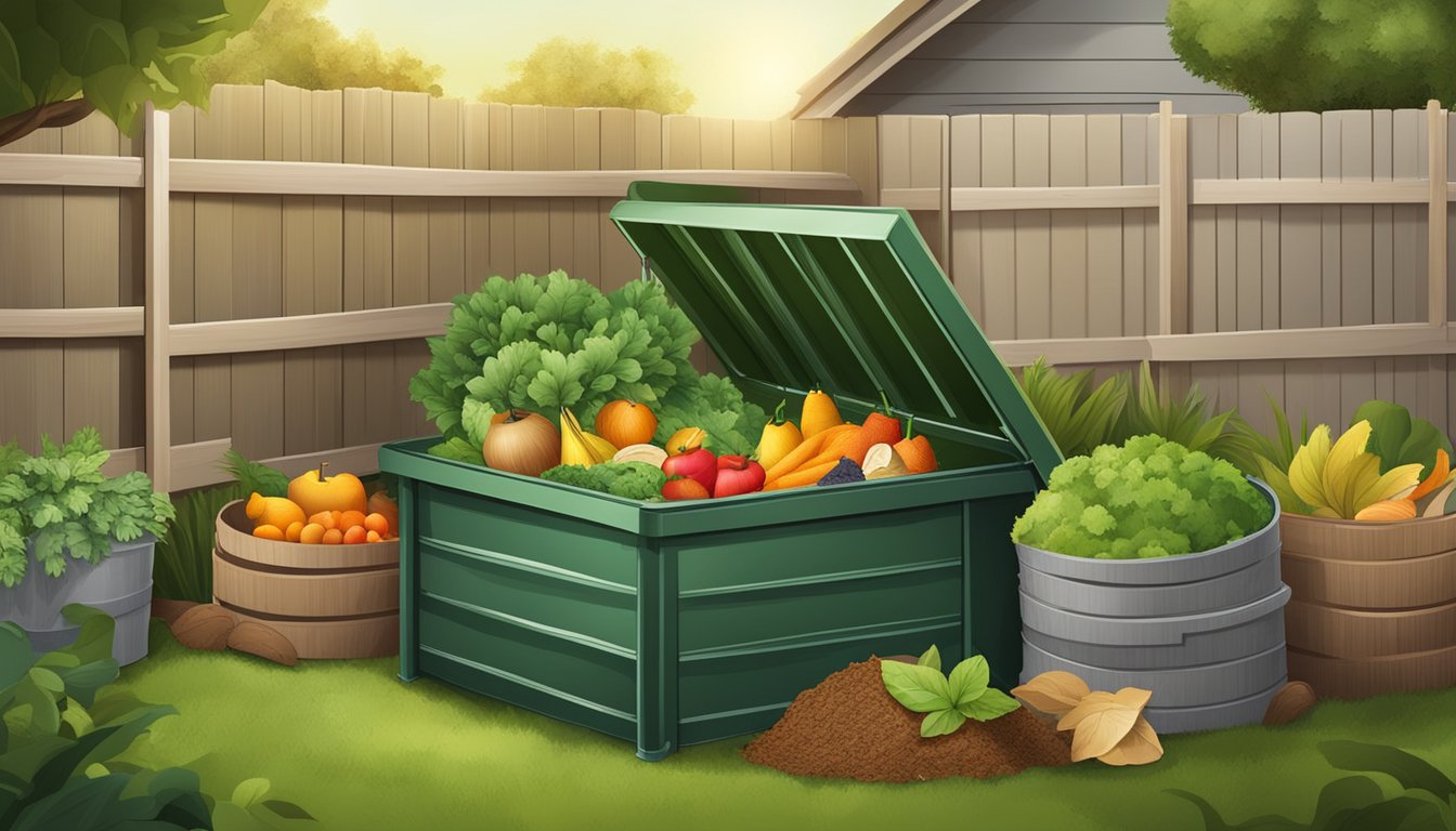 A backyard compost bin surrounded by a variety of organic materials, including fruit and vegetable scraps, leaves, and grass clippings