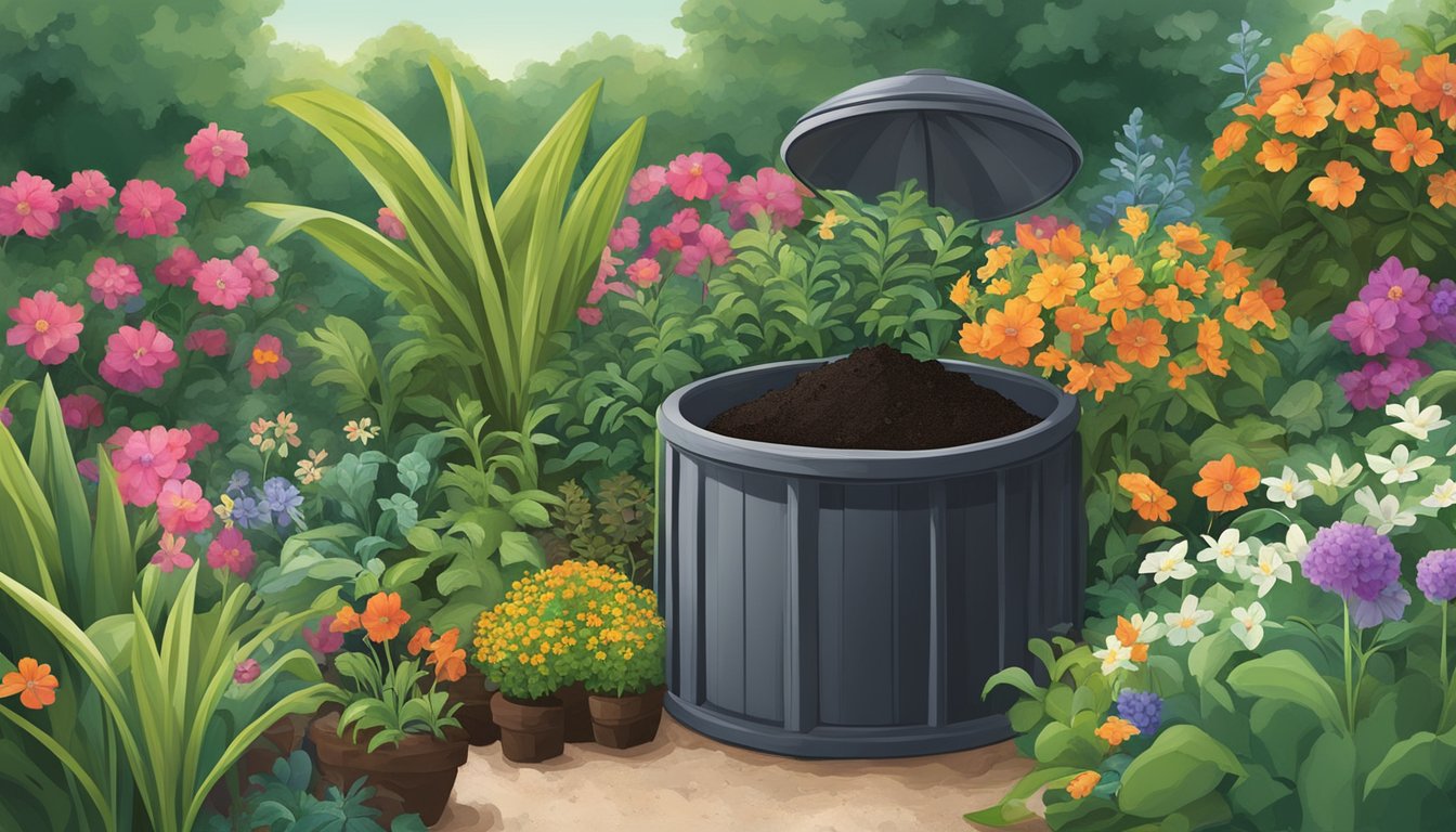 A lush garden in Gainesville, FL with a compost bin, filled with rich, dark finished compost. Various plants and flowers thrive in the nutrient-rich soil