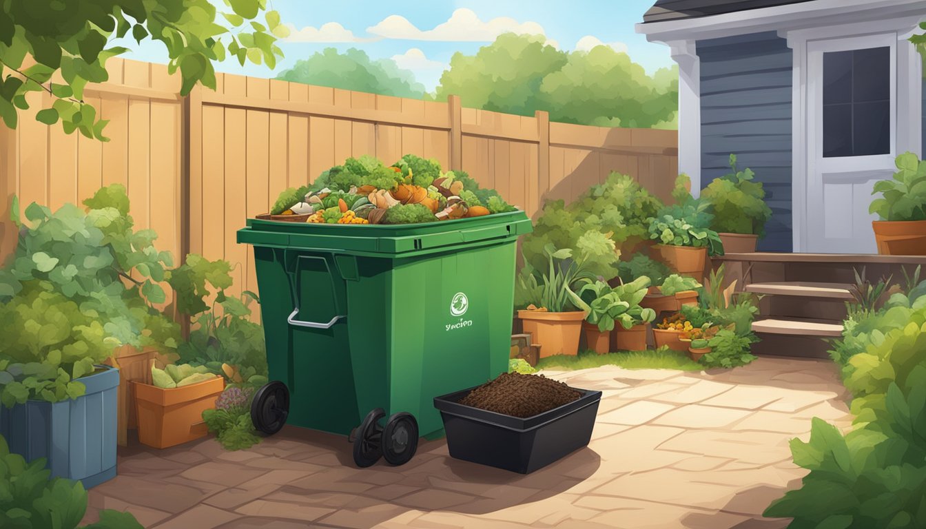 A sunny backyard with a compost bin surrounded by green plants and a mix of food scraps and yard waste