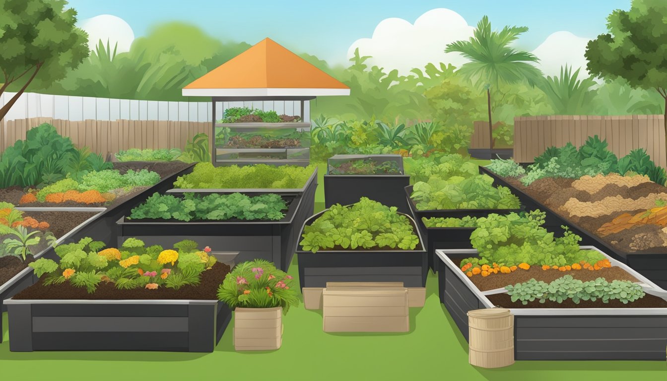 A lush garden in Hialeah, FL with various composting methods on display, including vermicomposting, bokashi, and hot composting piles