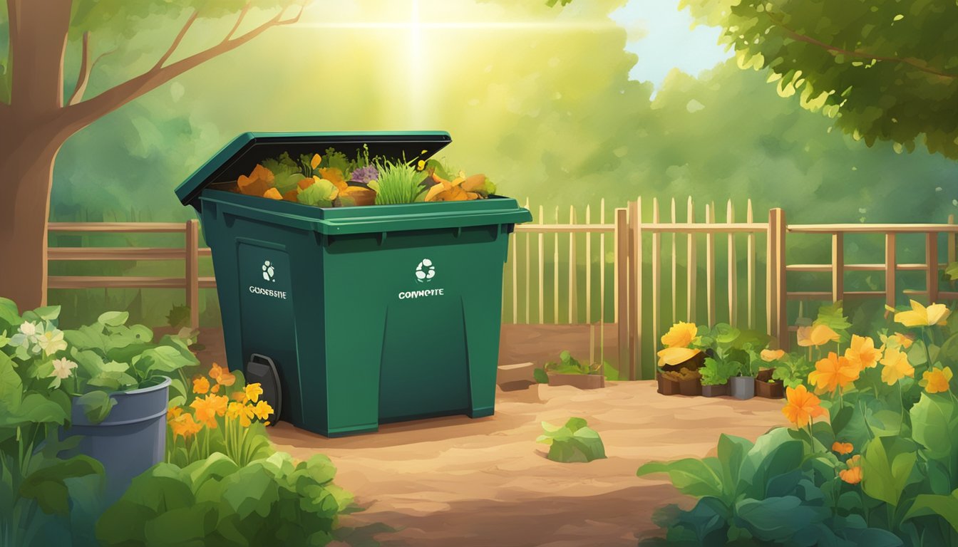 A lush garden with a compost bin and various organic waste materials. Sunshine illuminates the scene, showcasing the process of composting for a sustainable future