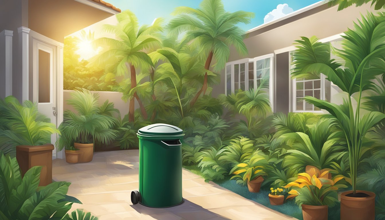 A lush backyard garden with a compost bin, surrounded by palm trees and sunshine in Hollywood, FL