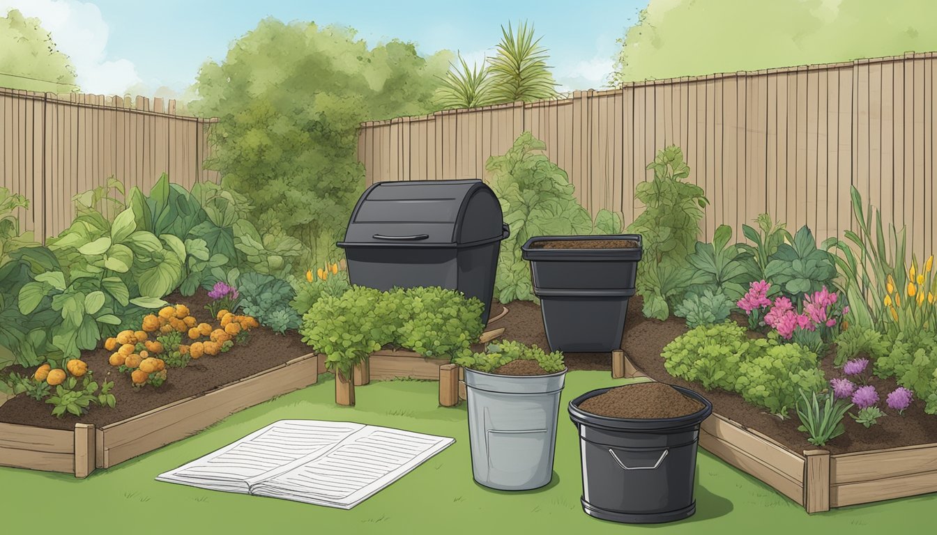 A lush backyard garden in Hialeah, FL, with a compost bin surrounded by various organic materials and a copy of "Your Finished Compost" guide open on a nearby table