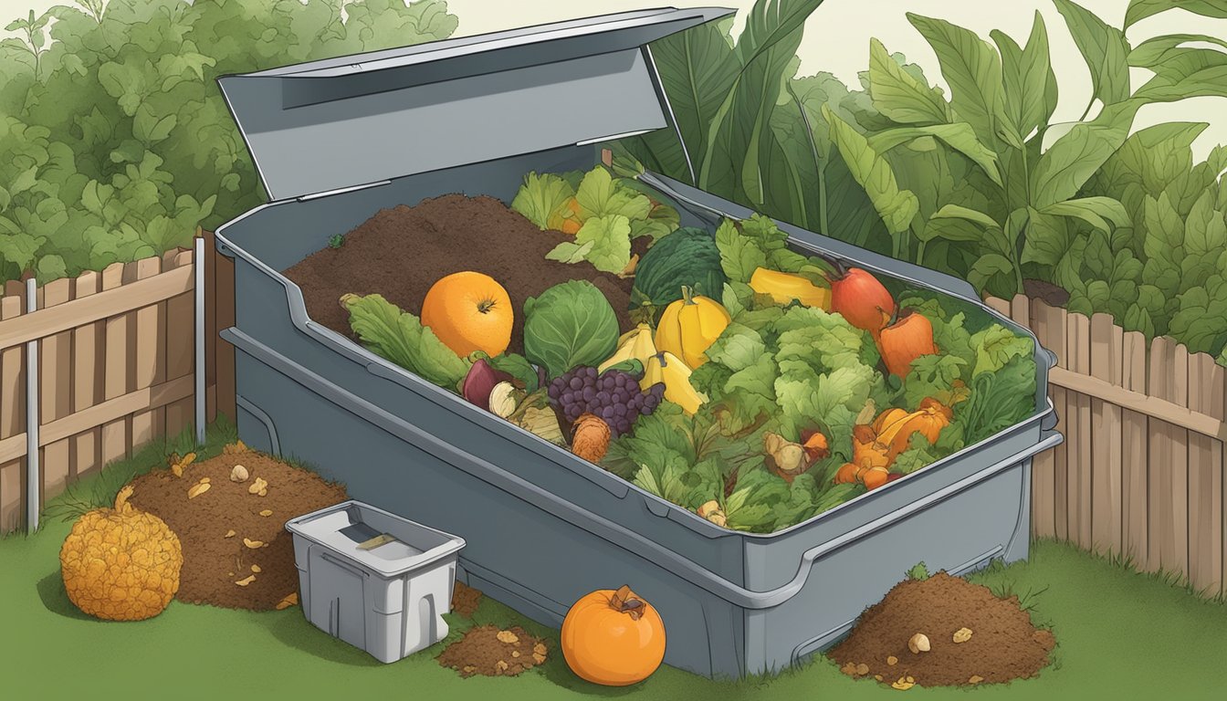 A backyard composting bin surrounded by a variety of organic waste, including fruit and vegetable scraps, leaves, and grass clippings. A small sign indicates the location as Hialeah, FL