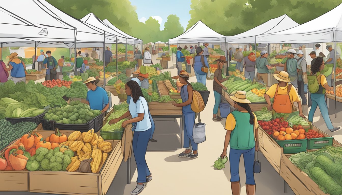 A bustling farmers market with diverse vendors selling fresh produce and composting bins, while volunteers educate visitors on sustainable practices