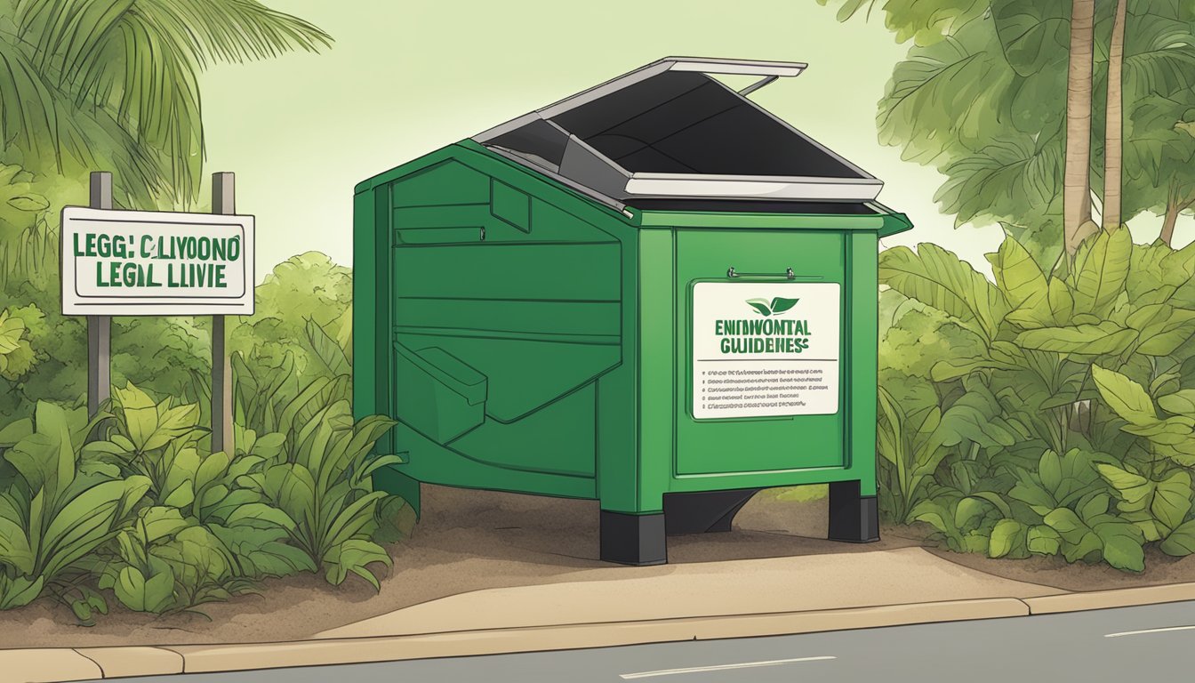 A composting bin surrounded by greenery, with a sign displaying legal and environmental guidelines in Hollywood, FL