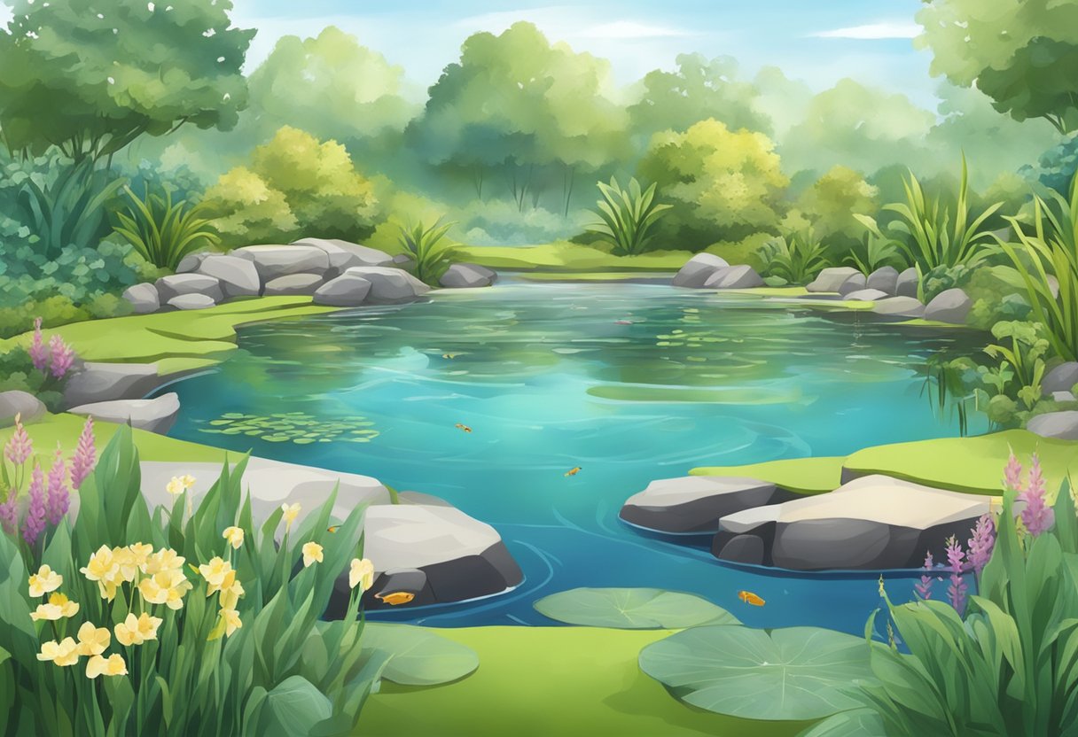 A serene pond with a variety of aquatic plants and fish, surrounded by a filter system with clear, clean water flowing through